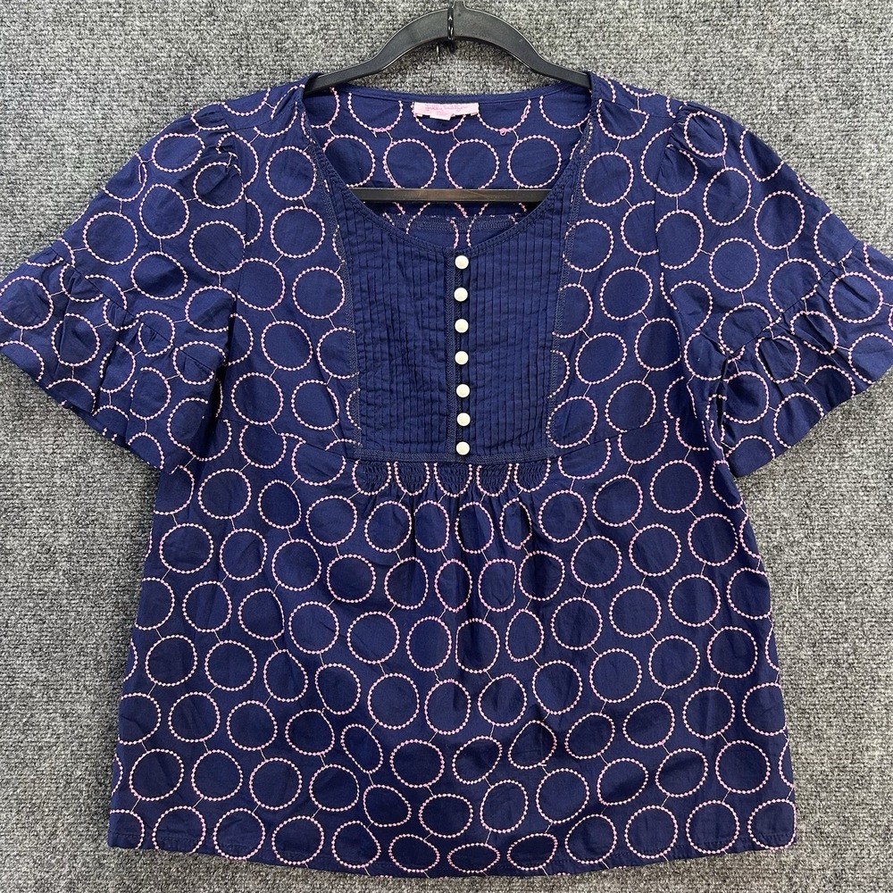 Lilly Pulitzer Shirt Babydoll Womens Sz 6 Pearl Buttons Navy Pink Embroidered